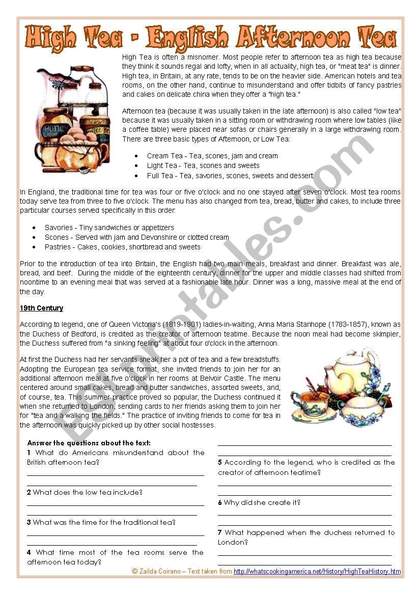 The English afternoon tea - text + reading comprehension Q, multiple choice and personal Q [2 pages] ***editable